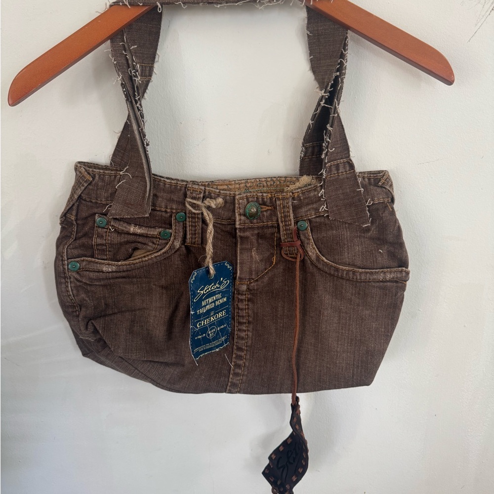 Vintage Y2K,Upcycled Brown Denim Tote Bag with Shoulder Straps